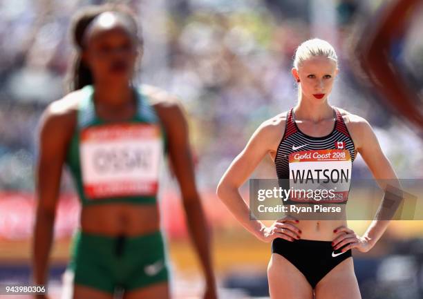 Sage Watson of Canada looks on before she competes in the Women's 400 metres hurdles heats during the Athletics on day six of the Gold Coast 2018...