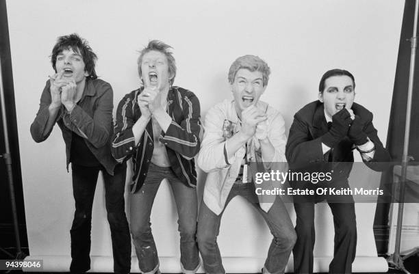 English punk band The Damned during a photoshoot in Little Venice, London, 1977. From left to right, Brian James, Rat Scabies, Captain Sensible and...