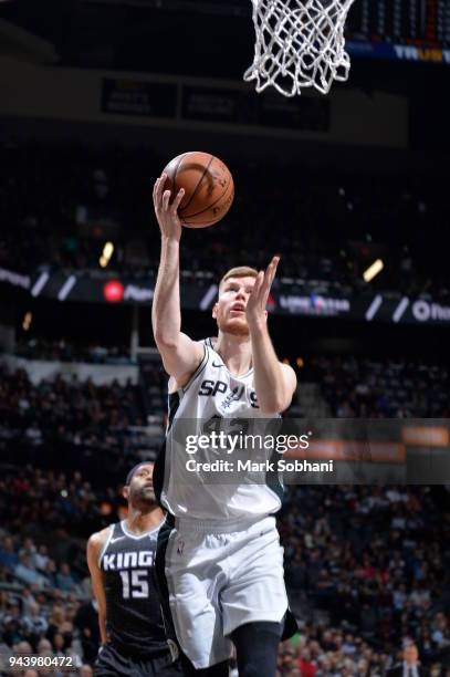 Davis Bertans of the San Antonio Spurs goes to the basket against the Sacramento Kings on April 9, 2018 at the AT&T Center in San Antonio, Texas....