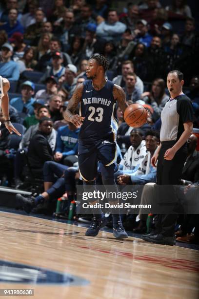 Ben McLemore of the Memphis Grizzlies handles the ball against the Minnesota Timberwolves on April 9, 2018 at Target Center in Minneapolis,...