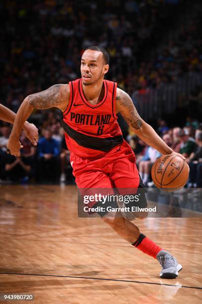 Shabazz Napier of the Portland Trail Blazers handles the ball against the Denver Nuggets on APRIL 9, 2018 at the Pepsi Center in Denver, Colorado....