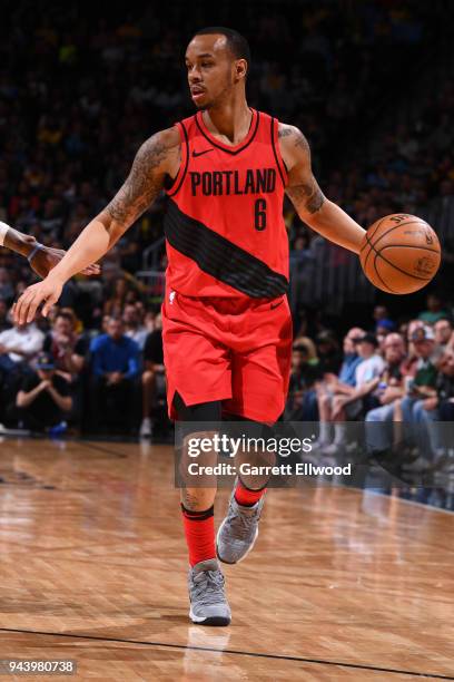 Shabazz Napier of the Portland Trail Blazers handles the ball against the Denver Nuggets on APRIL 9, 2018 at the Pepsi Center in Denver, Colorado....