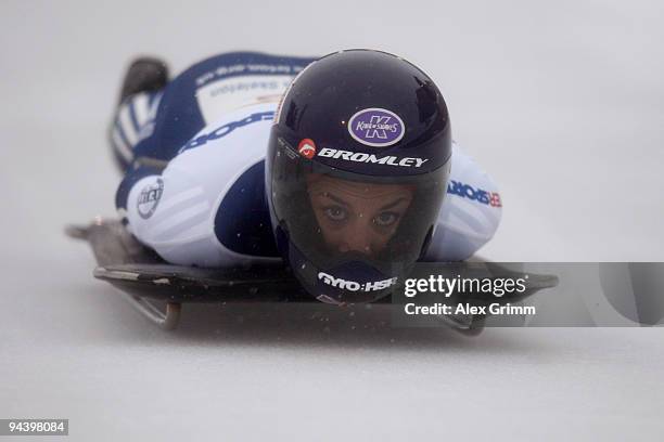 Shelley Rudman of Britain competes in her first run of the women's skeleton competition during the FIBT Bob & Skeleton World Cup at the bob run on...