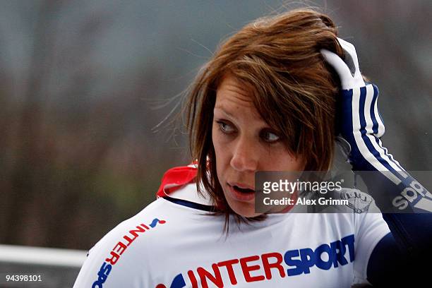 Donna Creightoin of Britain after her second run of the women's skeleton competition during the FIBT Bob & Skeleton World Cup at the bob run on...