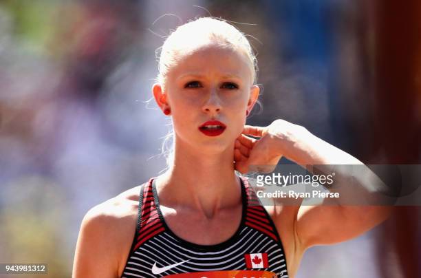 Sage Watson of Canada looks on before she competes in the Women's 400 metres hurdles heats during the Athletics on day six of the Gold Coast 2018...