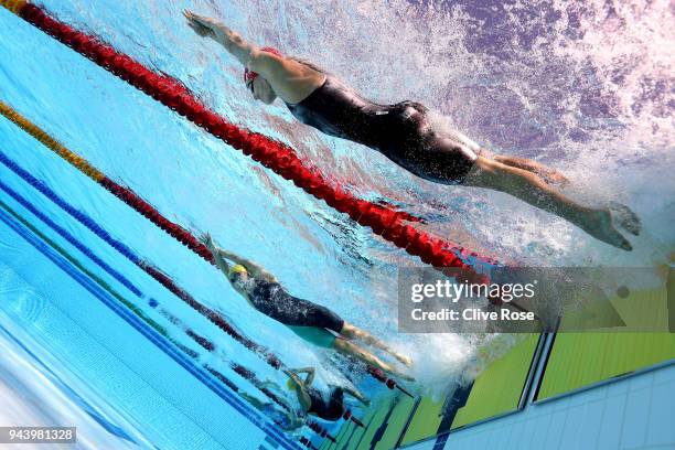Eleanor Faulkner of England competes during the Women's 400m Freestyle - Heat 3 on day six of the Gold Coast 2018 Commonwealth Games at Optus Aquatic...
