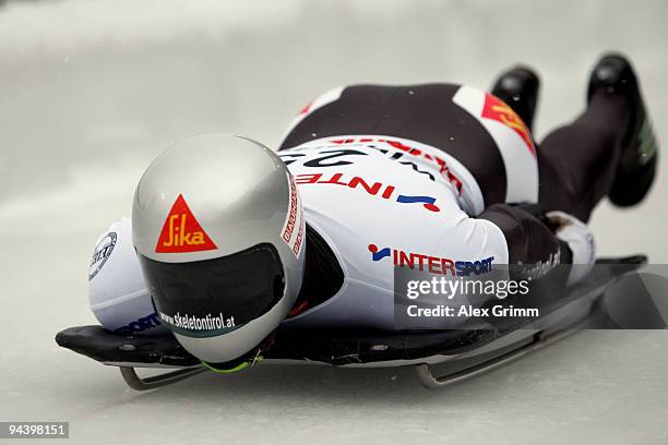 Markus Penz of Austria competes in his first run of the skeleton competition during the FIBT Bob & Skeleton World Cup at the bob run on December 11,...