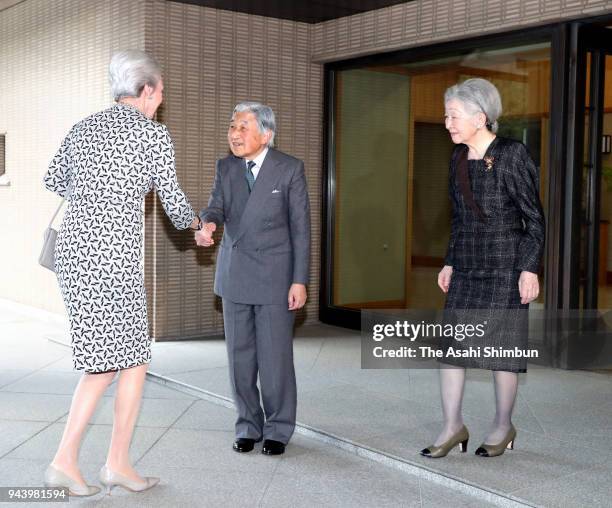 Princess Benedikte of Denmark is welcomed by Emperor Akihito and Empress Michiko prior to their meeting at the Imperial Palace on April 9, 2018 in...
