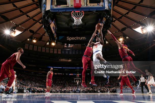 Damyean Dotson of the New York Knicks goes to the basket against the Cleveland Cavaliers on April 9, 2018 at Madison Square Garden in New York City,...