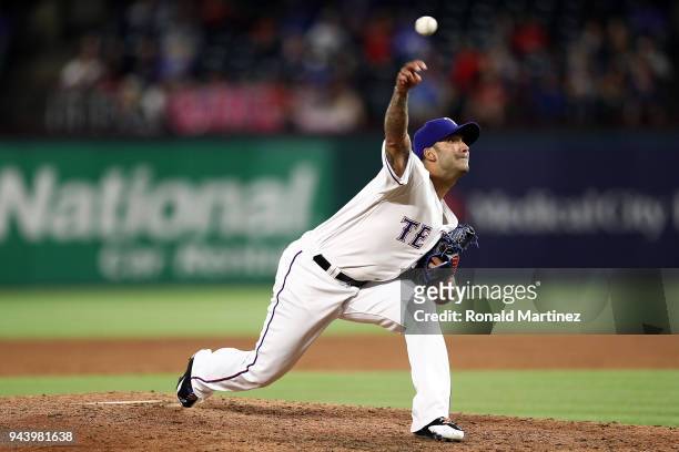 Matt Bush of the Texas Rangers throws against the Los Angeles Angels in the fifth inning at Globe Life Park in Arlington on April 9, 2018 in...