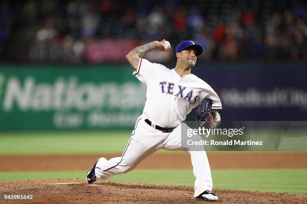 Matt Bush of the Texas Rangers throws against the Los Angeles Angels in the fifth inning at Globe Life Park in Arlington on April 9, 2018 in...