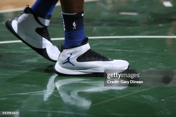 Milwaukee, WI The sneakers of Bismack Biyombo of the Orlando Magic seen during the game against the Milwaukee Bucks on April 9, 2018 at the BMO...