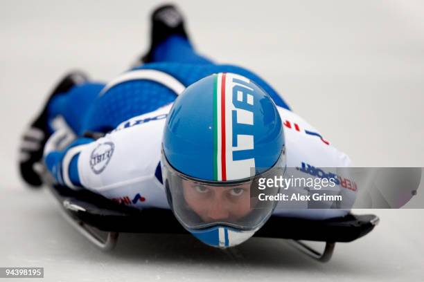 Costanza Zanoletti of Italy competes in her first run of the women's skeleton competition during the FIBT Bob & Skeleton World Cup at the bob run on...