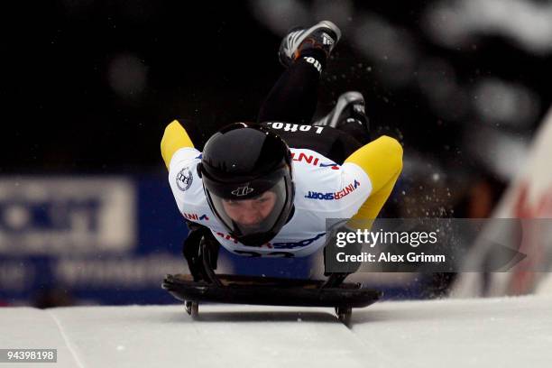 Joska Le Conte of the Netherlands competes in her first run of the women's skeleton competition during the FIBT Bob & Skeleton World Cup at the bob...