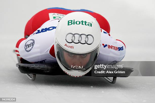 Barbara Hosch of Switzerland competes in her first run of the women's skeleton competition during the FIBT Bob & Skeleton World Cup at the bob run on...