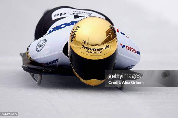 Anja Huber of Germany competes in her first run of the women's skeleton competition during the FIBT Bob & Skeleton World Cup at the bob run on...