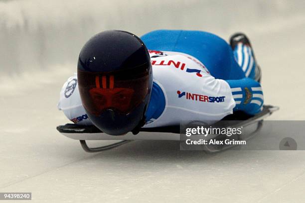 Sergei Chudinov of Russia competes in his first run of the skeleton competition during the FIBT Bob & Skeleton World Cup at the bob run on December...