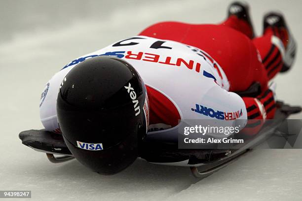 Michael Douglas of Canada competes in his first run of the skeleton competition during the FIBT Bob & Skeleton World Cup at the bob run on December...