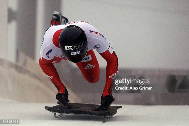 Jon Montgomery of Canada competes in his first run of the skeleton competition during the FIBT Bob & Skeleton World Cup at the bob run on December...