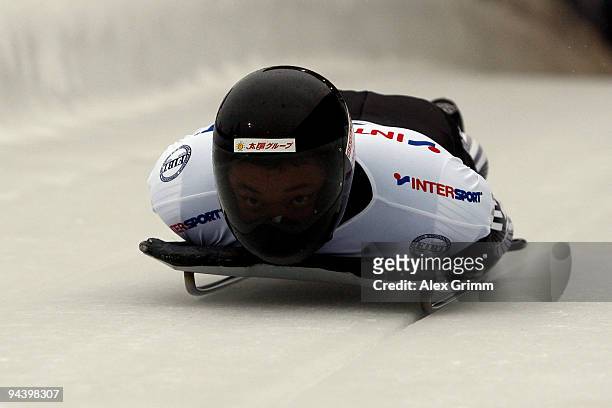 Masaru Inada of Japan competes in his first run of the skeleton competition during the FIBT Bob & Skeleton World Cup at the bob run on December 11,...