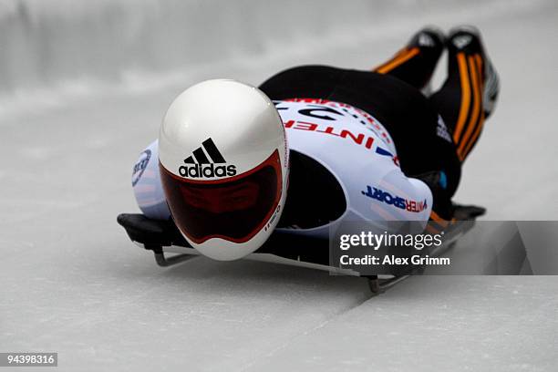 Matthias Guggenberger of Austria competes in his first run of the skeleton competition during the FIBT Bob & Skeleton World Cup at the bob run on...