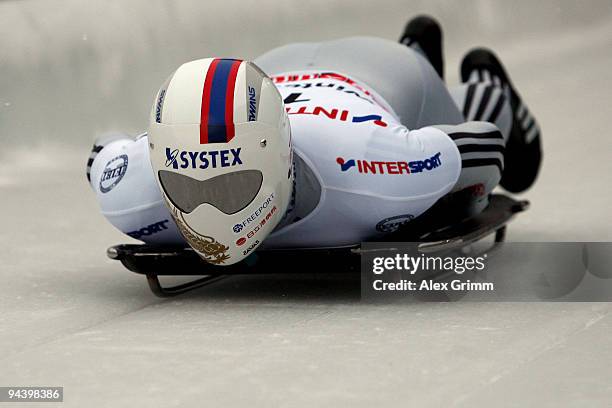 Kazuhiro Koshi of Japan competes in his first run of the skeleton competition during the FIBT Bob & Skeleton World Cup at the bob run on December 11,...