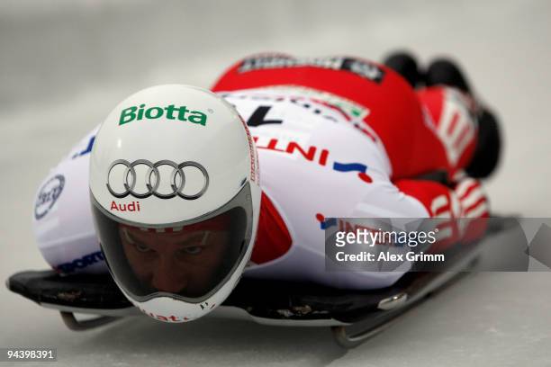 Pascal Oswald of Switzerland competes in his first run of the skeleton competition during the FIBT Bob & Skeleton World Cup at the bob run on...