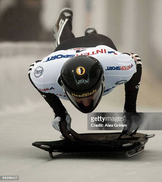 Zach Lund of the U.S. Competes in his first run of the skeleton competition during the FIBT Bob & Skeleton World Cup at the bob run on December 11,...