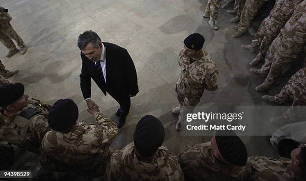 Prime Minister Gordon Brown chats to troops on December 13, 2009 in Camp Bastion, Afghanistan. Gordon Brown travelled to Afghanistan for an...