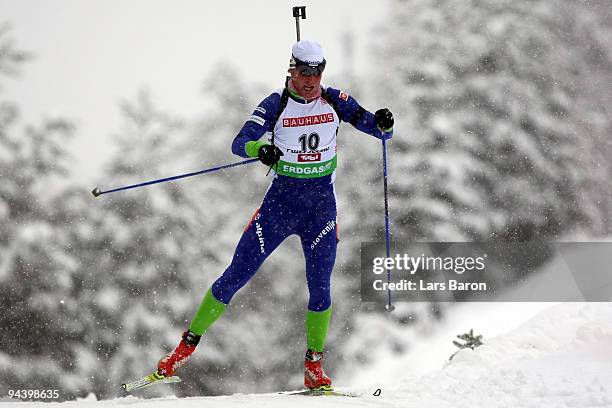 Klemen Bauer of Slovenia competes during the Men's 10 km Sprint in the IBU Biathlon World Cup on December 11, 2009 in Hochfilzen, Austria.