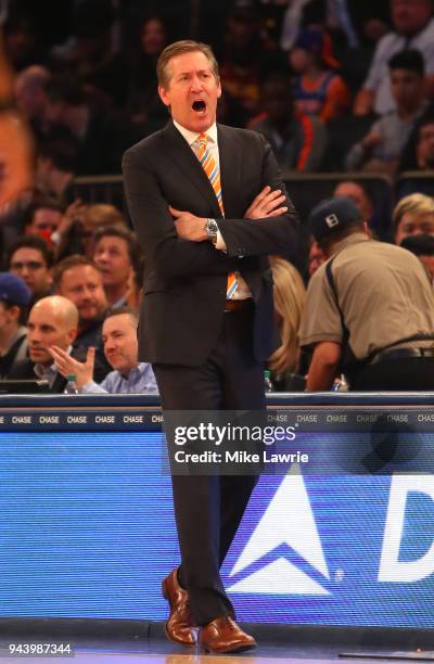 Jeff Hornacek of the New York Knicks looks on in the first half against the Cleveland Cavaliers at Madison Square Garden on April 9, 2018 in New York...