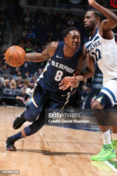 MarShon Brooks of the Memphis Grizzlies handles the ball against the Minnesota Timberwolves on April 9, 2018 at Target Center in Minneapolis,...