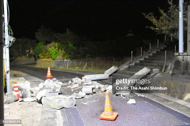 Torii gate of the Karita jinja shrine is a pile of rubble after the Magnitude 6.1 earthquake on April 9, 2018 in Oda, Shimane, Japan.