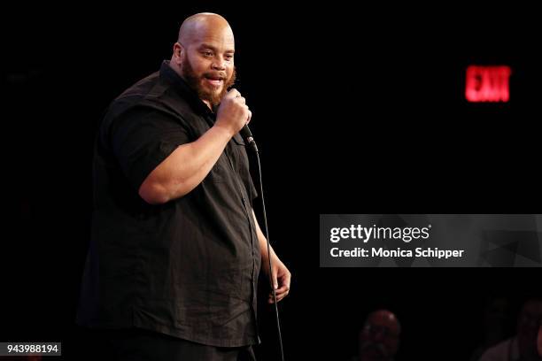 Comedian Hakim Coombs performs on stage during Gotham's New Talent Showcase at Gotham Comedy Club on April 9, 2018 in New York City.