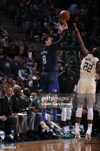 Milwaukee, WI Mario Hezonja of the Orlando Magic shoots the ball against the Milwaukee Bucks on April 9, 2018 at the BMO Harris Bradley Center in...