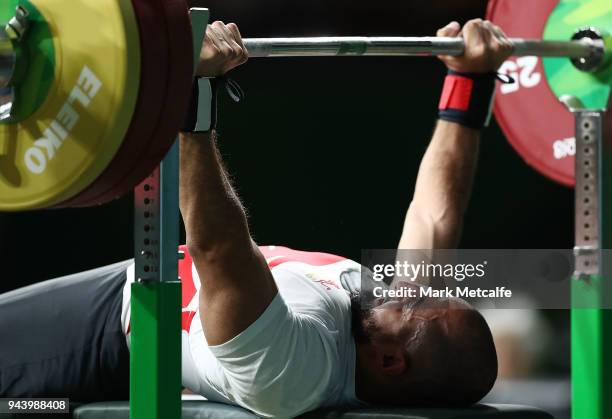 Ali Jawad of England competes in the Men's Lightweight Final during the Para Powerlifting on day six of the Gold Coast 2018 Commonwealth Games at...