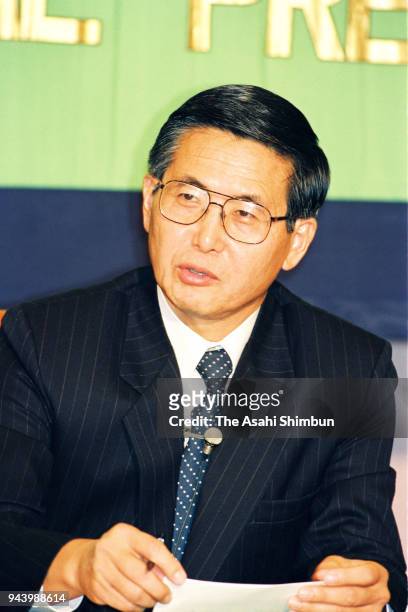 Peruvian incoming president Alberto Fujimori speaks during a press conference at the Japan National Press Club on July 3, 1990 in Tokyo, Japan.