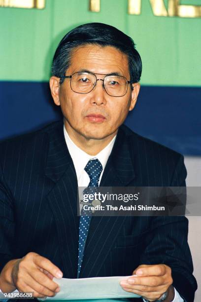 Peruvian incoming president Alberto Fujimori speaks during a press conference at the Japan National Press Club on July 3, 1990 in Tokyo, Japan.