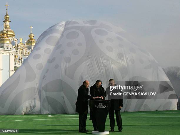 Grigory Surkis, President of the Ukrainian football federation , UEFA President Michel Platini of France and Polish Football Association President...