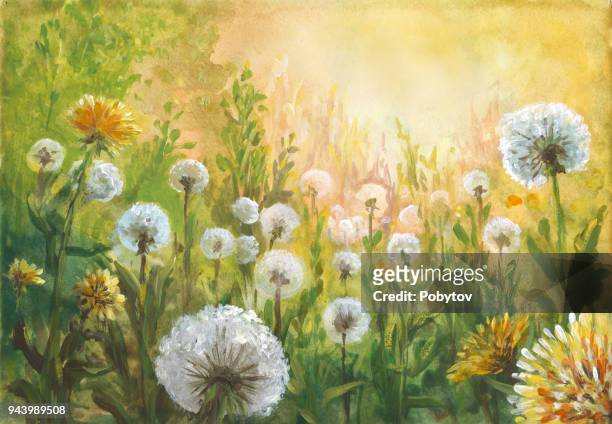 summer oil painting landscape, impressionism - flower ink stock illustrations