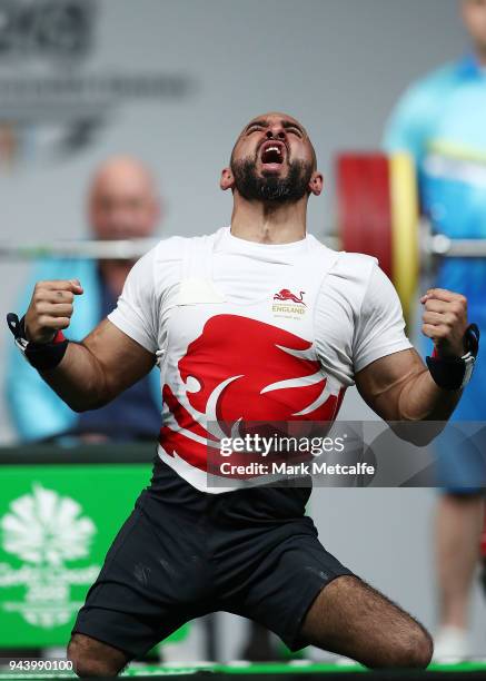 Ali Jawad of England celebrates a lift in the Men's Lightweight Final during the Para Powerlifting on day six of the Gold Coast 2018 Commonwealth...