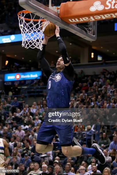 Mario Hezonja of the Orlando Magic dunks the ball in the third quarter against the Milwaukee Bucks at the Bradley Center on April 9, 2018 in...