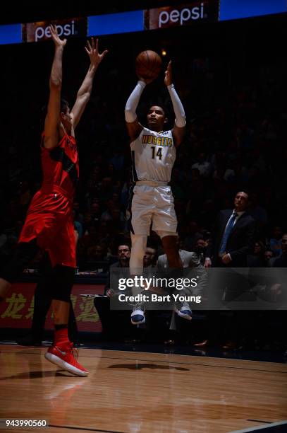 Gary Harris of the Denver Nuggets shoots the ball against the Portland Trail Blazers on April 9, 2018 at the Pepsi Center in Denver, Colorado. NOTE...