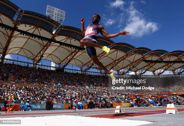 Tyrone Smith of Bermuda competes in the Men's Long Jump qualification during the Athletics on day six of the Gold Coast 2018 Commonwealth Games at...