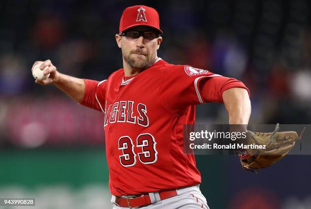 Jim Johnson of the Los Angeles Angels throws against the Texas Rangers in the seventh inning at Globe Life Park in Arlington on April 9, 2018 in...