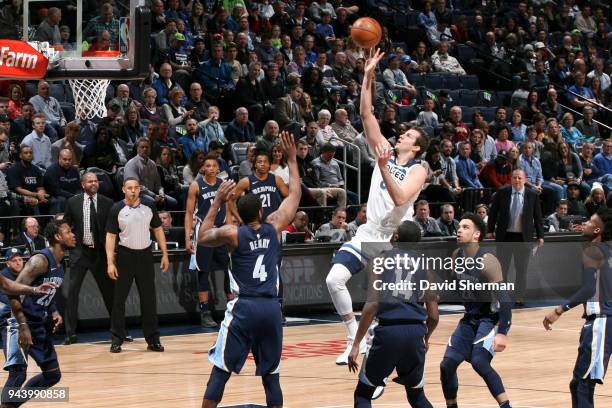 Nemanja Bjelica of the Minnesota Timberwolves shoots the ball against the Memphis Grizzlies on April 9, 2018 at Target Center in Minneapolis,...