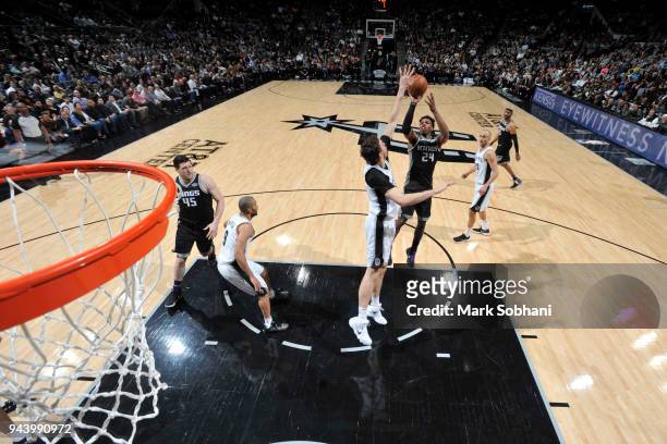 Buddy Hield of the Sacramento Kings goes to the basket against the San Antonio Spurs on April 9, 2018 at the AT&T Center in San Antonio, Texas. NOTE...