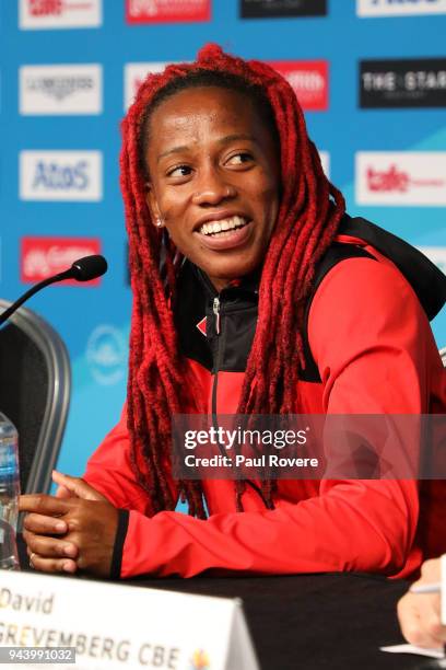 Women's 100m gold medallist Michelle-Lee Ahye is seen during a media conference after becoming the first woman from Trinidad and Tobago to win 100m...