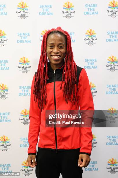 Women's 100m gold medallist Michelle-Lee Ahye of Trinidad and Tobago poses for a photo on day six of the Gold Coast 2018 Commonwealth Games at Gold...