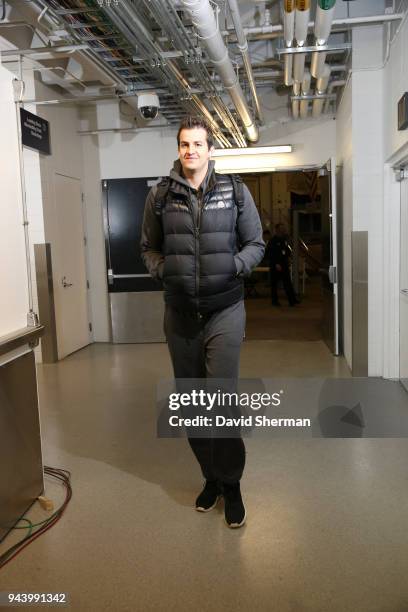 Nemanja Bjelica of the Minnesota Timberwolves arrives before game against the Memphis Grizzlies on April 9, 2018 at Target Center in Minneapolis,...